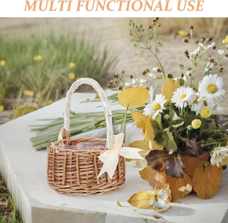 Wicker Flower Girl Basket Handwoven Willow Rattan Candy Basket with White Ribbon Bow Handle Medium Size for Wedding Party - Image 3