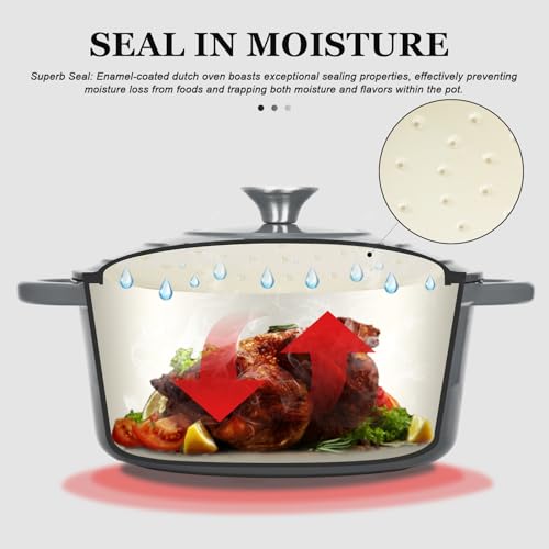 Overmont وعاء داتش أوفن من أوفermont مصنوعة من الحديد الزهر المينا - وعاء سعة 5.5QT مع غطاء وكتاب طبخ وقبعات قطنية - أدوات طهي ثقيلة لتحضير الأطعمة المطبوخة، واليخنات، والشواء، وخبز الخبز باللون الرمادي - Image 2