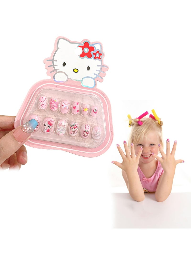 CMGTYYD 12Pcs Press on Nails for Girls, Children Press on Fake Nail Tip Cartoon Kids Full Cover Short Children Artificial Nail,Cute Fake Nails with Relief Designs, Ideal Gift for Girls (Pink) - Image 1