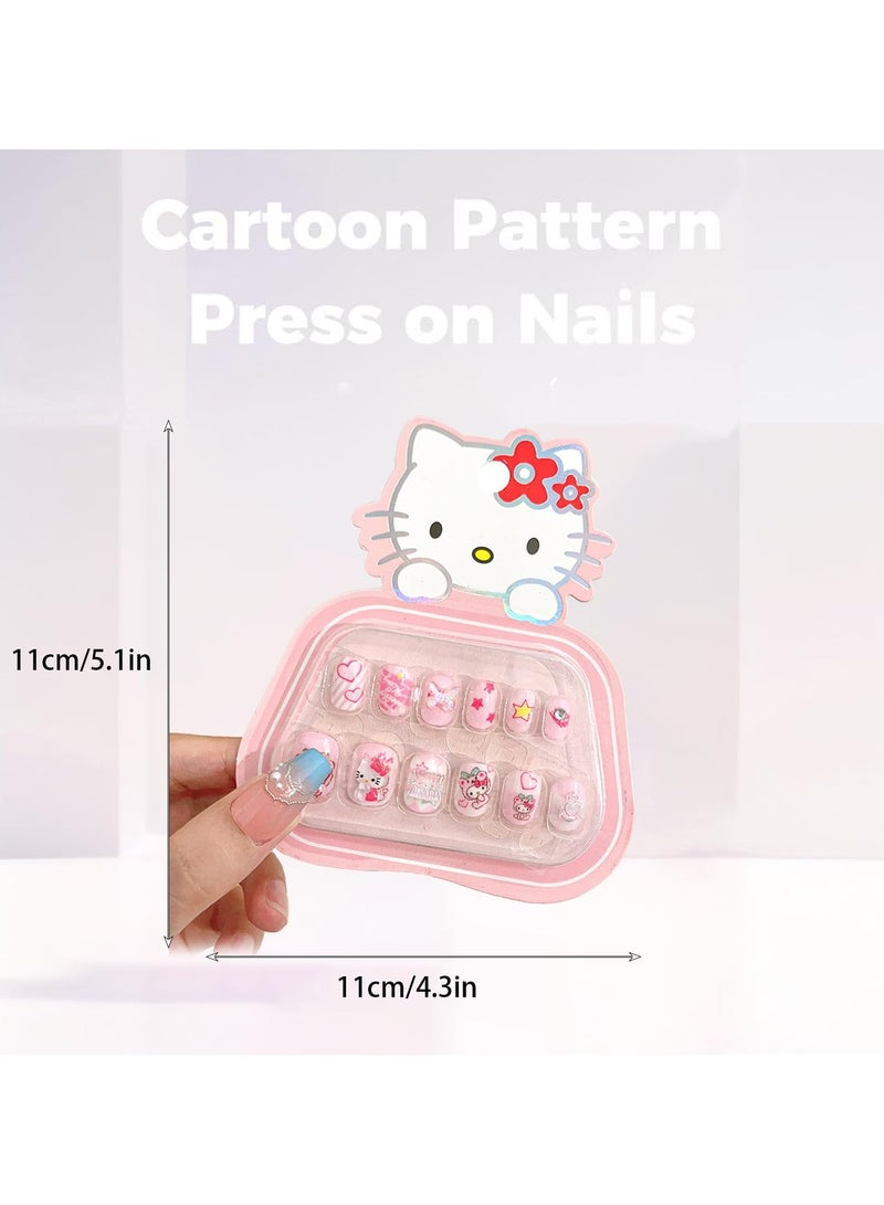 CMGTYYD 12Pcs Press on Nails for Girls, Children Press on Fake Nail Tip Cartoon Kids Full Cover Short Children Artificial Nail,Cute Fake Nails with Relief Designs, Ideal Gift for Girls (Pink) - Image 2