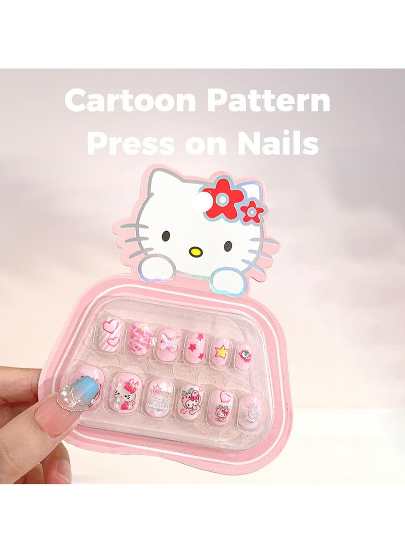 CMGTYYD 12Pcs Press on Nails for Girls, Children Press on Fake Nail Tip Cartoon Kids Full Cover Short Children Artificial Nail,Cute Fake Nails with Relief Designs, Ideal Gift for Girls (Pink) - Image 3