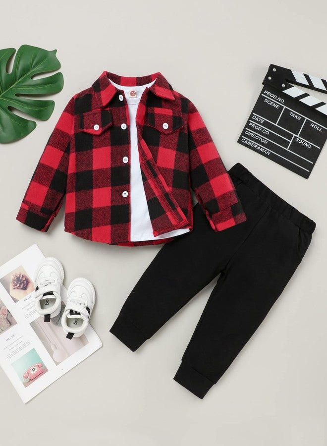 bilison 3Pcs Toddler Baby Boy Outfits Plaid Flannel Shirt+T Shirts+Pants For 12M-5T Boys Clothtes - Image 2