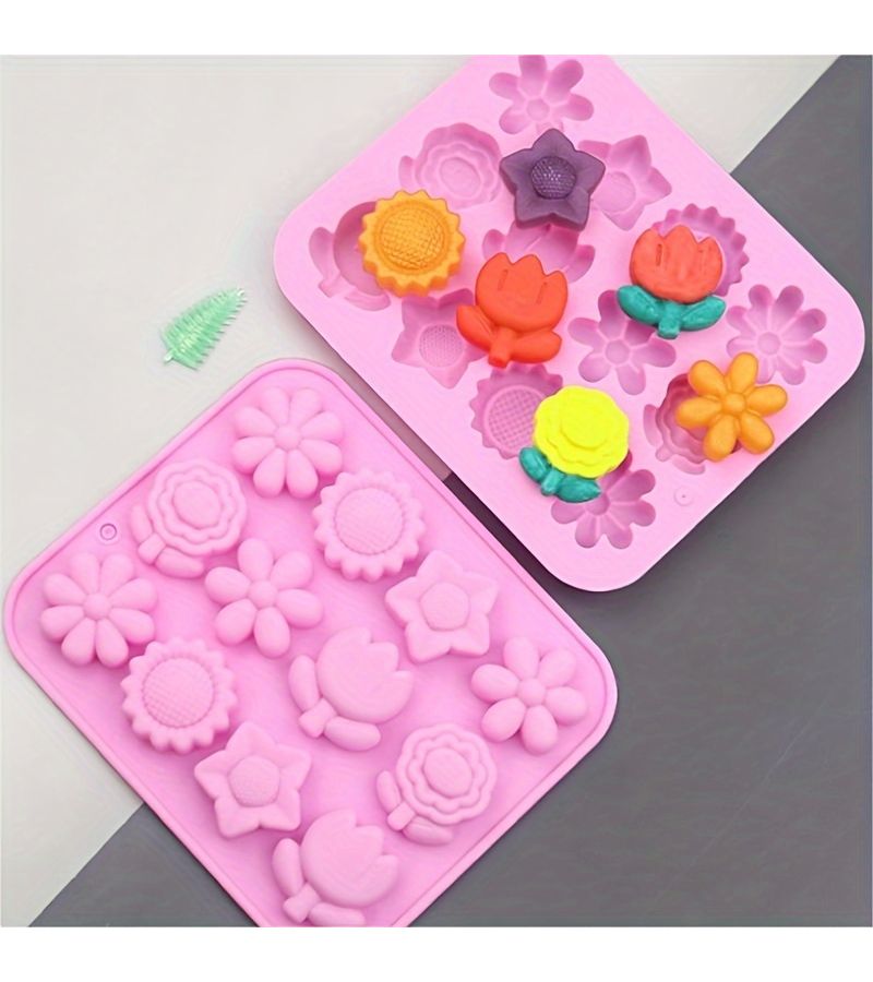 12 Cavity Flower Silicone Cake Decorating Mold For Baking Food Grade Pink - Image 1
