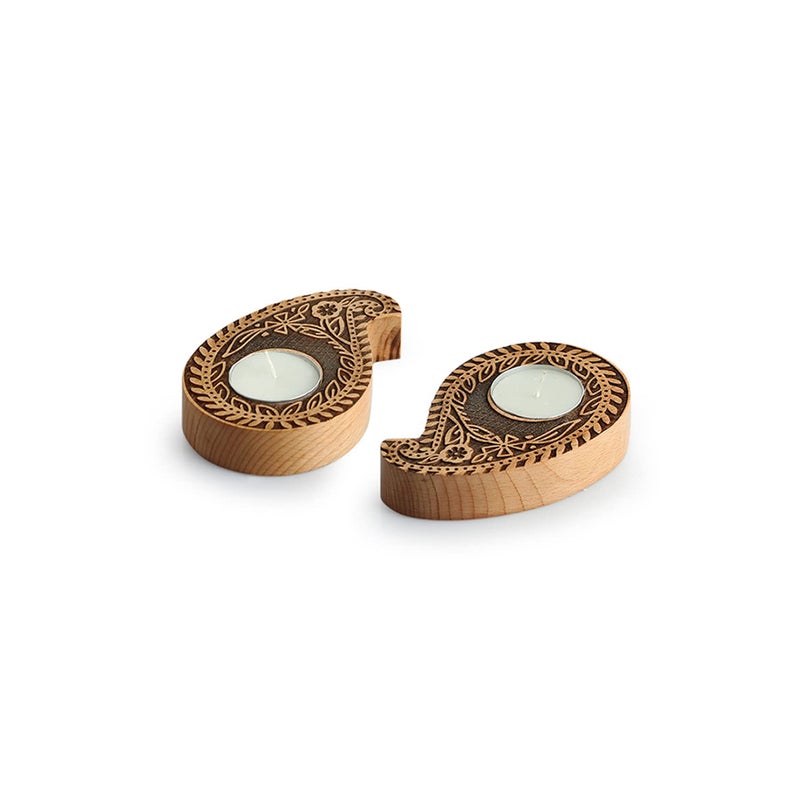 ExclusiveLane ExclusiveLane HandCrafted Jugnu Paisley Booti Wooden Tea Light Holder for Home Decoration Set of 2 Brown  - Image 3