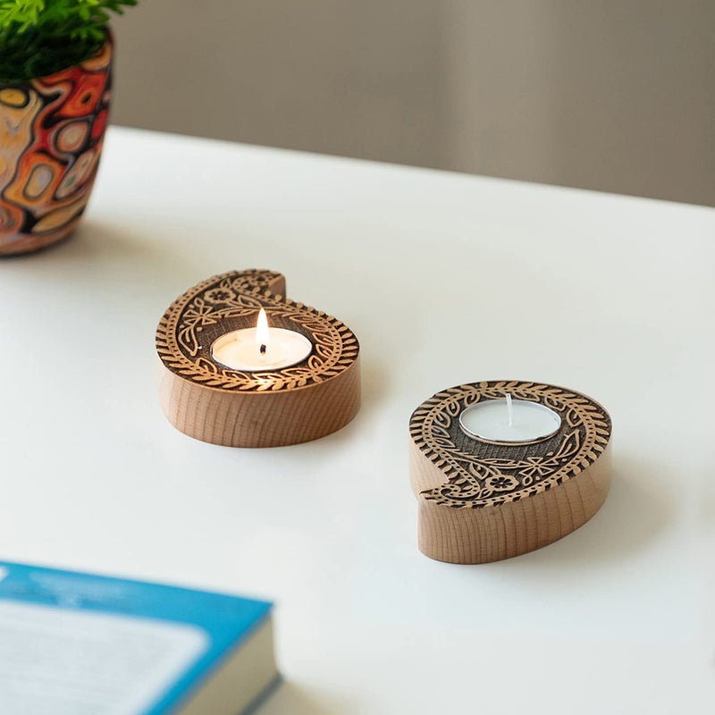 ExclusiveLane ExclusiveLane HandCrafted Jugnu Paisley Booti Wooden Tea Light Holder for Home Decoration Set of 2 Brown  - Image 1