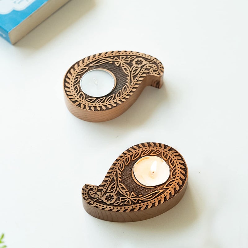 ExclusiveLane ExclusiveLane HandCrafted Jugnu Paisley Booti Wooden Tea Light Holder for Home Decoration Set of 2 Brown  - Image 2