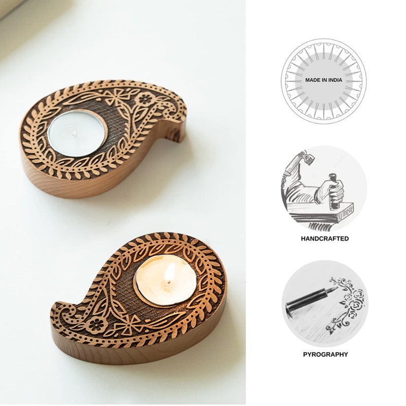 ExclusiveLane ExclusiveLane HandCrafted Jugnu Paisley Booti Wooden Tea Light Holder for Home Decoration Set of 2 Brown  - Image 5