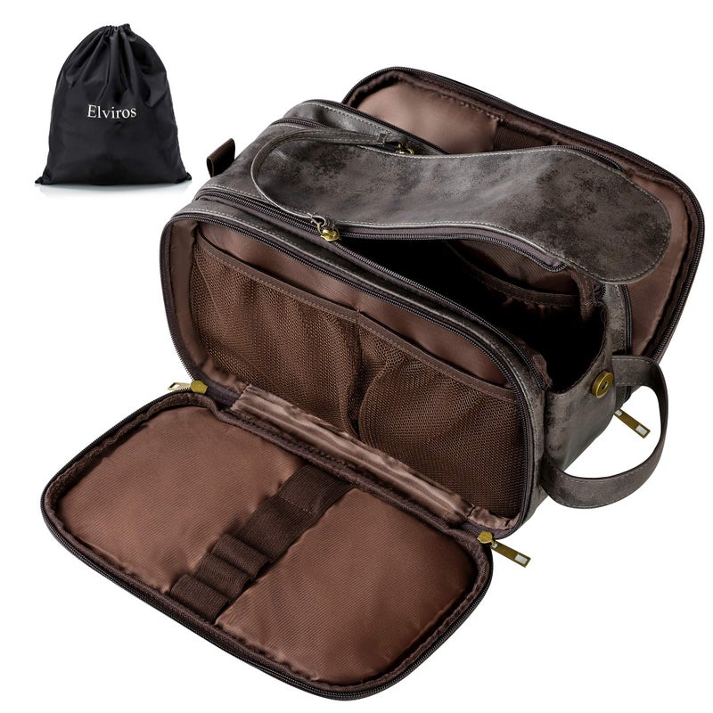 Elviros Toiletry Bag for Men, Large Travel Shaving Dopp Kit Water-resistant Bathroom Toiletries Organizer PU Leather Cosmetic Bags - Image 1