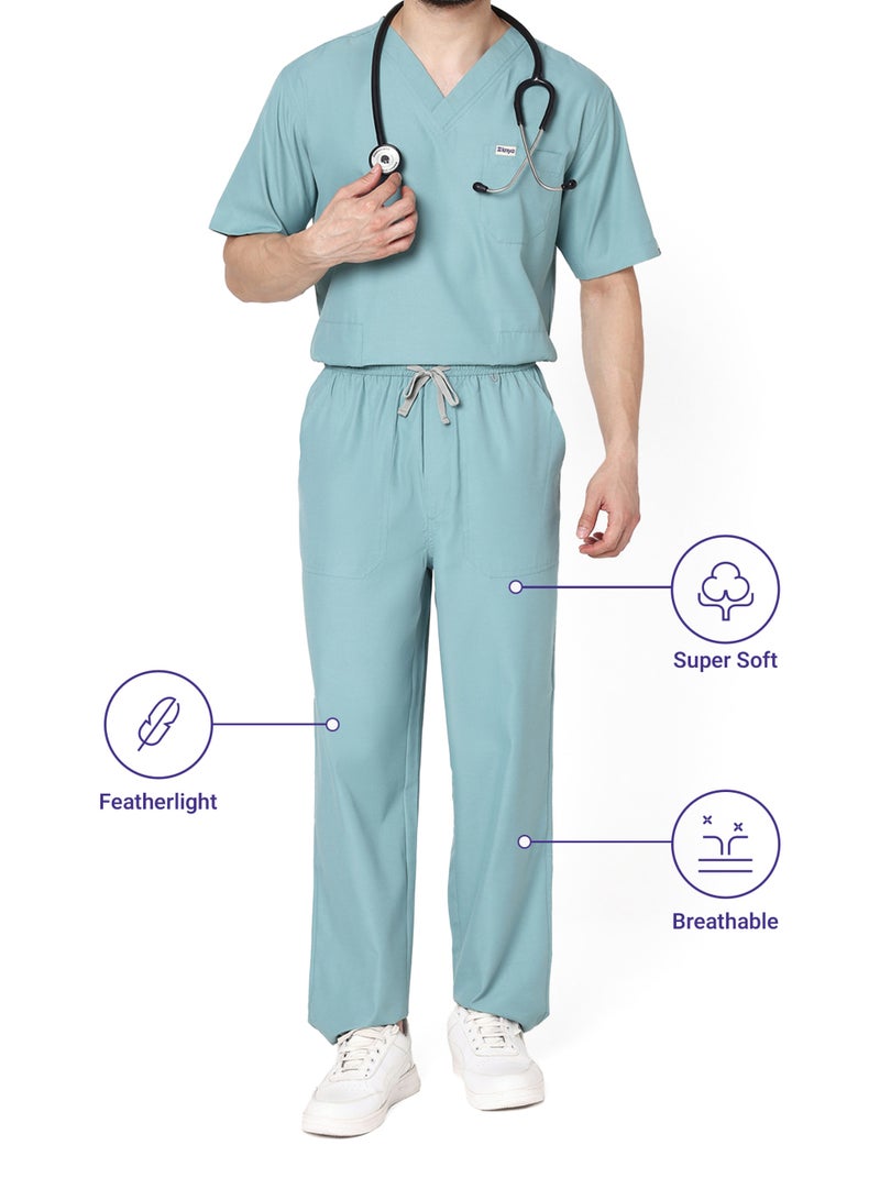 KNYA بدلة طبية رجالية من KNYA Active بخمسة جيوب | طقم من قميص وبنطال | أكمام نصفية | ياقة على شكل حرف V | قماش يسمح بالتهوية | مريح | متين | زي موحد للأطباء والممرضين وأطباء الأسنان (لون أوكالبتوس، مقاس 2XL) - Image 5