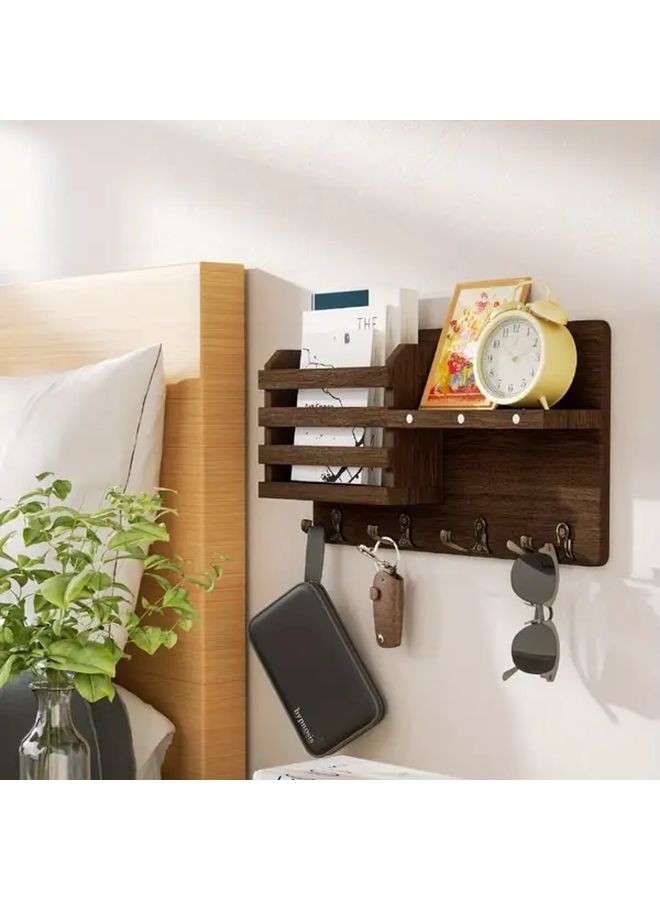 Brown Wooden Wall Mounted Key Holder With 8 Hooks And Tray For Mail Organizer - Image 2