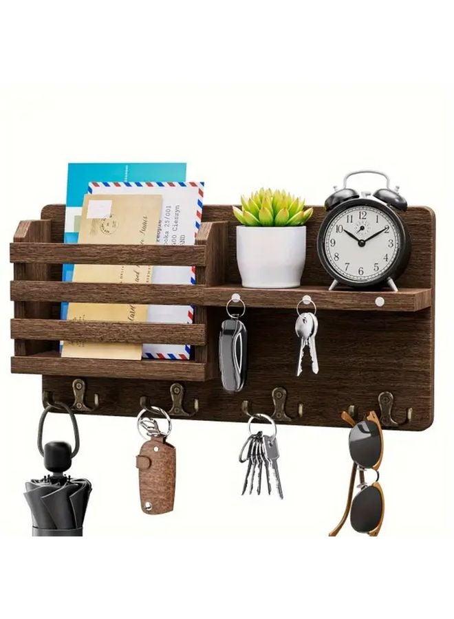 Brown Wooden Wall Mounted Key Holder With 8 Hooks And Tray For Mail Organizer - Image 5