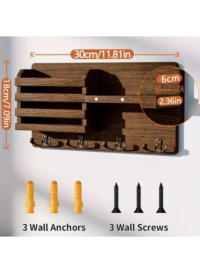 Brown Wooden Wall Mounted Key Holder With 8 Hooks And Tray For Mail Organizer - Image 4