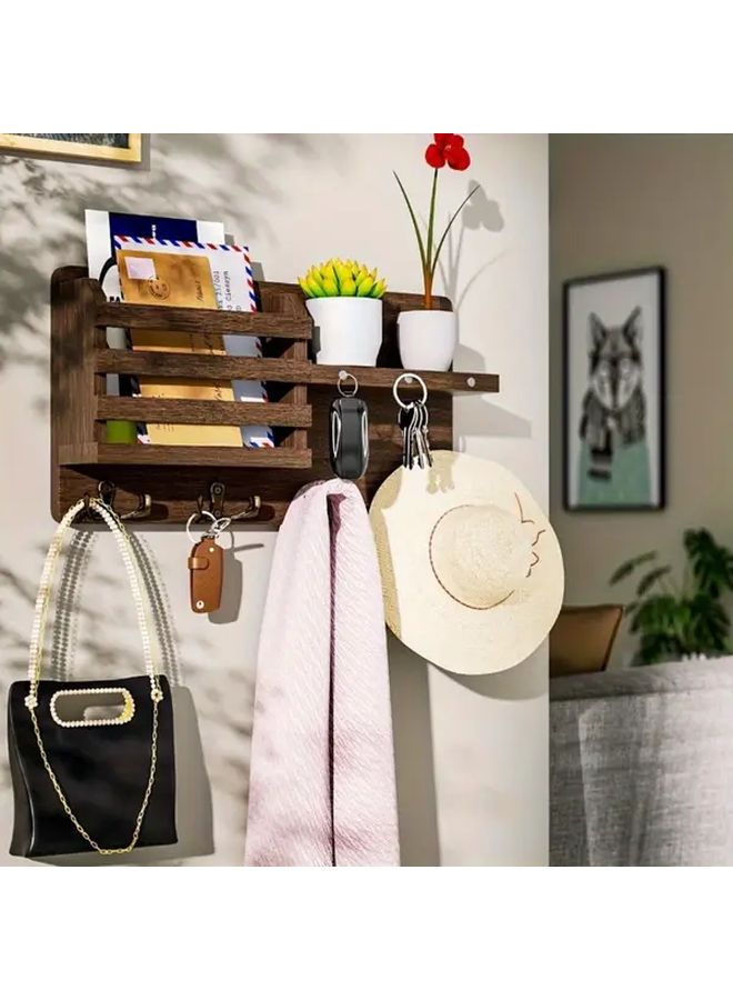 Brown Wooden Wall Mounted Key Holder With 8 Hooks And Tray For Mail Organizer - Image 3