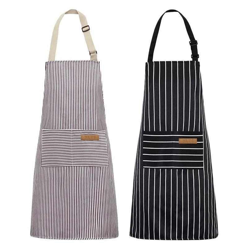 NLUS 2 Pack Kitchen Cooking Aprons Adjustable Bib Soft Chef Apron with 2 Pockets for Men WomenBlackBrown Stripes