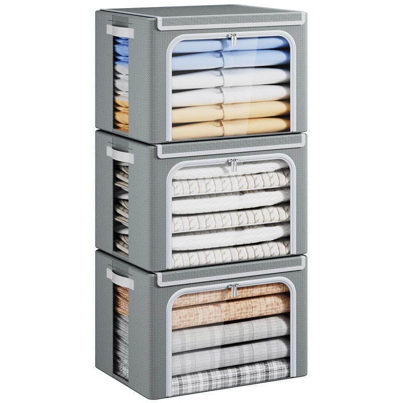 Yecaye Clothes Storage Bins with Metal Frame 40L Foldable Clothing Storage Bins with Lid Stackable Zippered Clothes Storage Bags Oxford Fabric Organizer Box With Clear Window PU Leather Handles - Image 2
