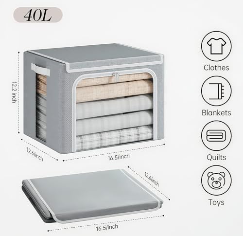 Yecaye Clothes Storage Bins with Metal Frame 40L Foldable Clothing Storage Bins with Lid Stackable Zippered Clothes Storage Bags Oxford Fabric Organizer Box With Clear Window PU Leather Handles - Image 3