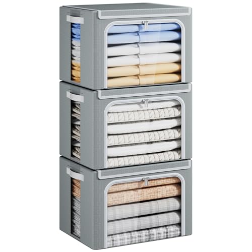 Yecaye Clothes Storage Bins with Metal Frame 40L Foldable Clothing Storage Bins with Lid Stackable Zippered Clothes Storage Bags Oxford Fabric Organizer Box With Clear Window PU Leather Handles - Image 1