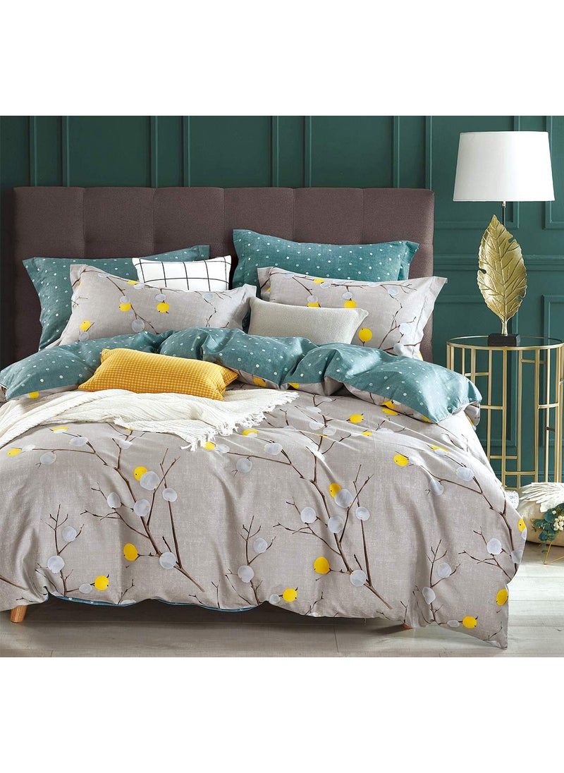 SLEEPBELLA SLEEPBELLA Comforter King Size 600 Thread Count Cotton Grey Branch with Yellow Turquoise Polka Dot Pattern Green Reversible Comforter SetDown Alternative Bedding Set 3PcsKing Grey Branch 