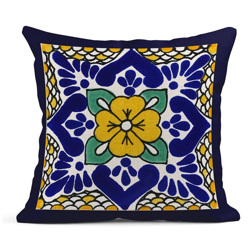 Semtomn Set of 4 Linen Throw Pillow Covers Spanish Talavera Exotic Geometry Dark Retro Ethnic Home Decorative 18""x18"" Flax Pillow Cases Cushion Square Pillowcases - Image 4