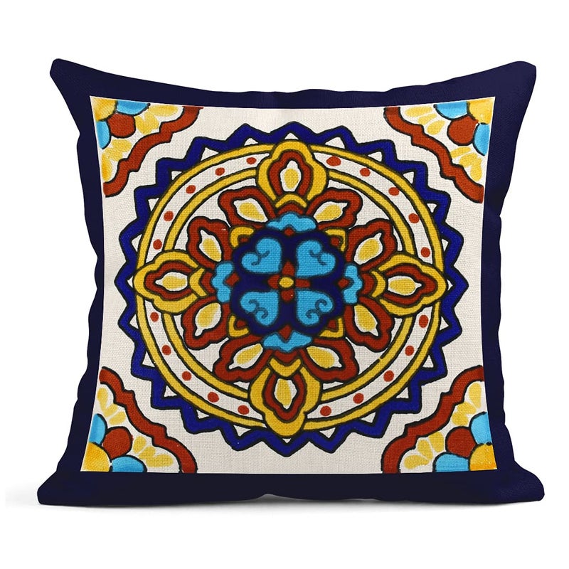 Semtomn Set of 4 Linen Throw Pillow Covers Spanish Talavera Exotic Geometry Dark Retro Ethnic Home Decorative 18""x18"" Flax Pillow Cases Cushion Square Pillowcases - Image 2