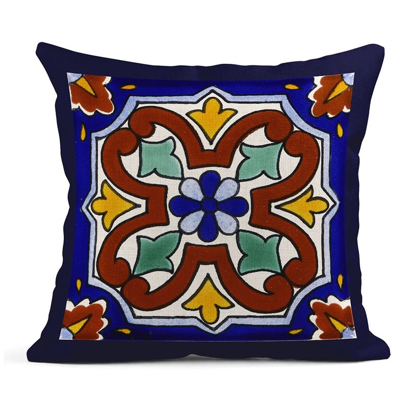 Semtomn Set of 4 Linen Throw Pillow Covers Spanish Talavera Exotic Geometry Dark Retro Ethnic Home Decorative 18""x18"" Flax Pillow Cases Cushion Square Pillowcases - Image 3