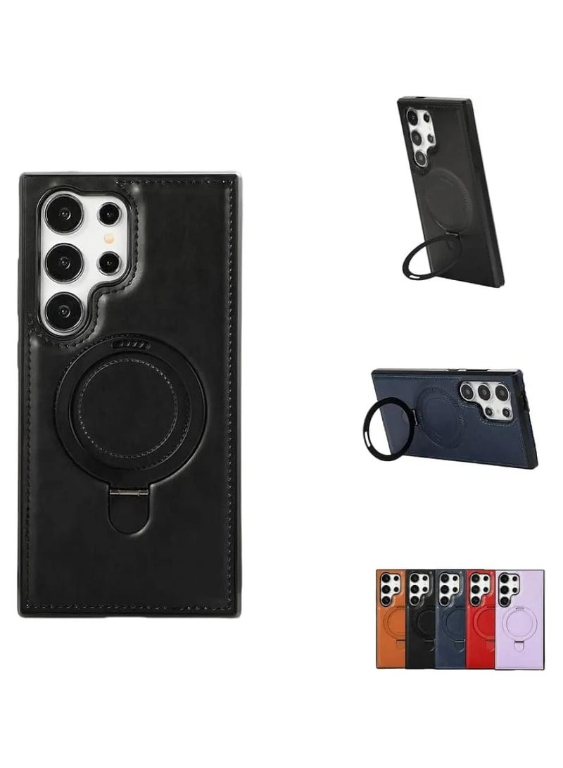 Luxury Leather Case with Magnetic Metal Stand for Samsung Galaxy S25 Ultra – Premium Protective Cover, Black - Image 1