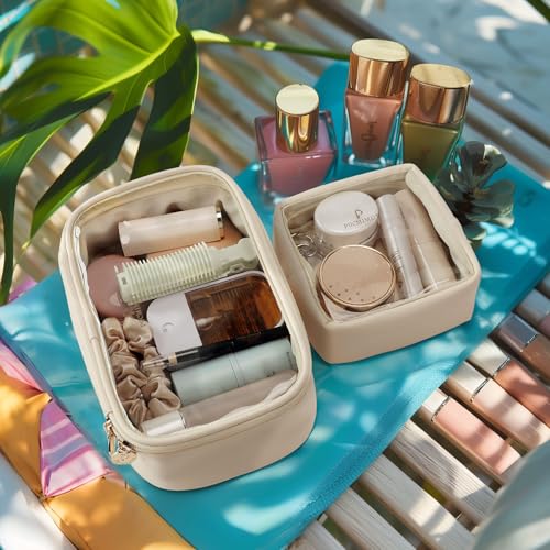 Pocmimut Makeup Bag,Small Makeup Bag TSA Approved Clear Toiletry Bag,Makeup Case Pouches Car Accessories Storage for Women,Travel Essentials Organizers,Beige - Image 3