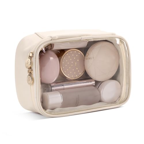 Pocmimut Makeup Bag,Small Makeup Bag TSA Approved Clear Toiletry Bag,Makeup Case Pouches Car Accessories Storage for Women,Travel Essentials Organizers,Beige - Image 1