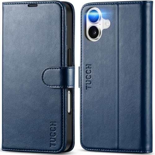 TUCCH Wallet Case for iPhone 16, [TPU Shockproof Inner Shell], Kickstand PU Leather [RFID Blocking] 4 Card Holder Magnetic Stand Protective Cover Compatible with iPhone 16 5G, Dark Blue - Image 1