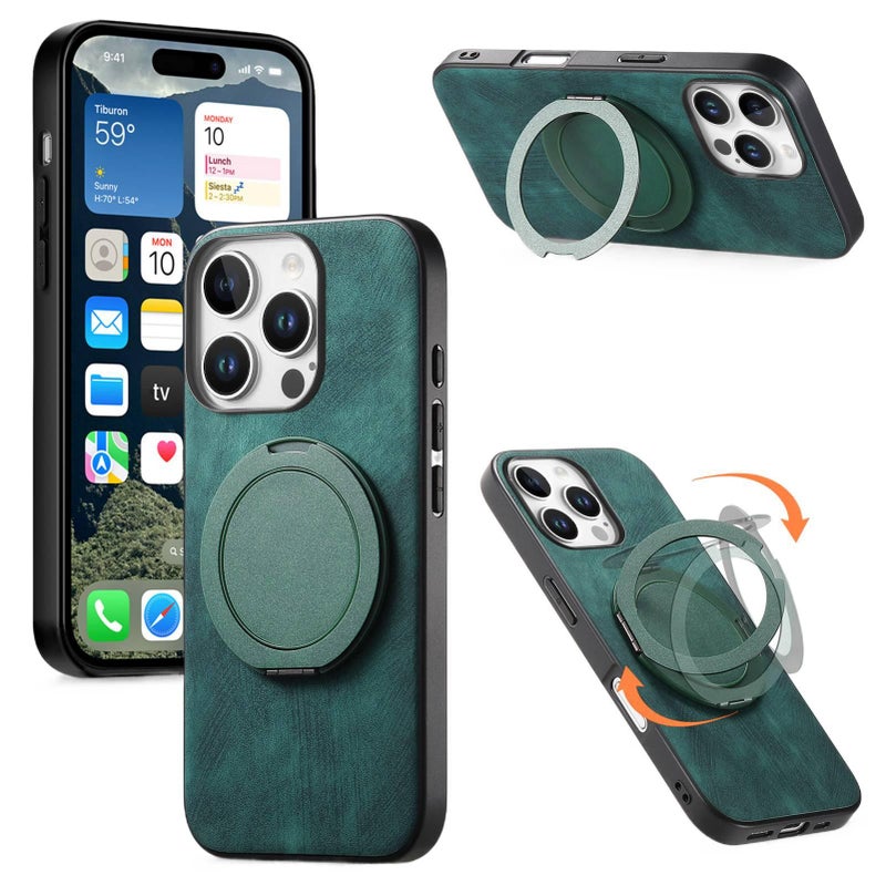 MS Leather Texture MagSafe Case for iPhone 12 Pro Max with Rotating Magnetic Ring and 360° Kickstand plus Shockproof plus Anti-Fingerprint in Green - Image 1