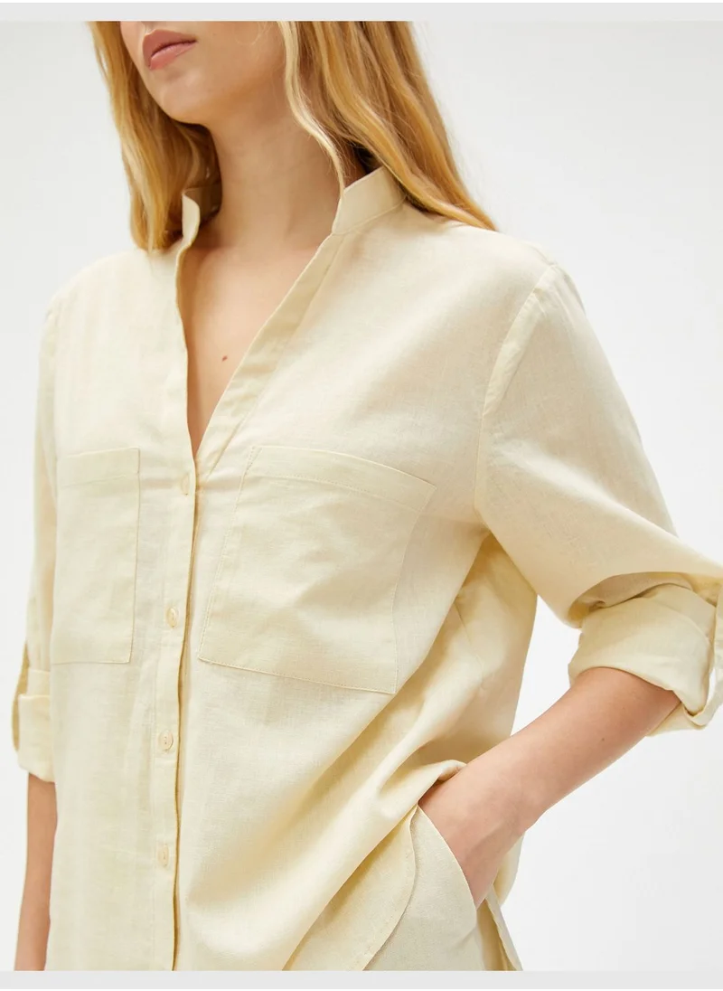 KOTON Mandarin Neck Shirt Linen Blended