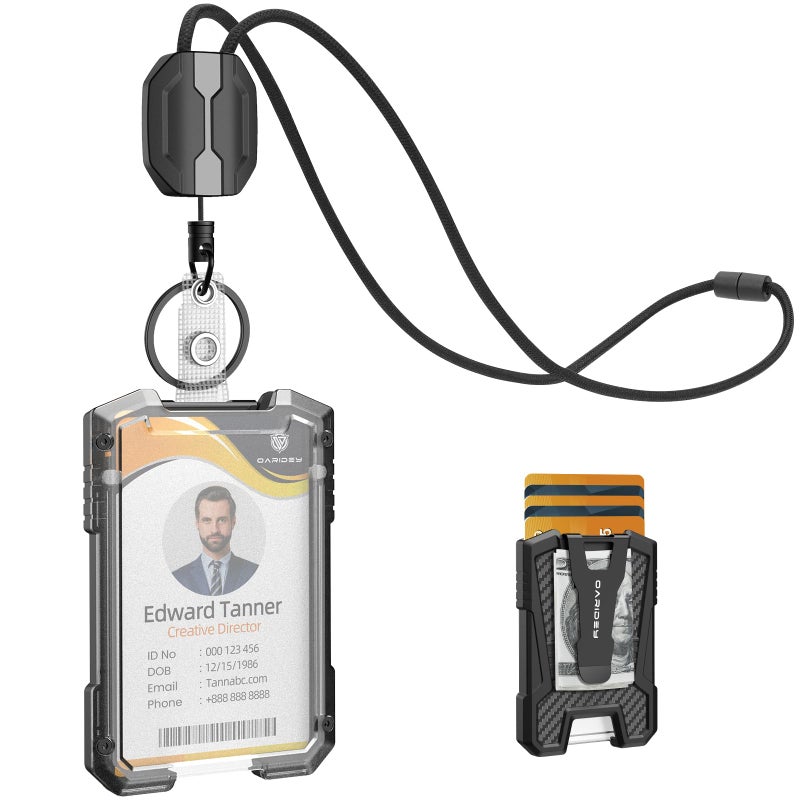 Oaridey Retractable Lanyards for ID Badges Holder, Badge Reel with ID Card Holder, Breakaway Lanyard, Holds 5 Cards and 10 Cash, Bearing 4.0 oz, Black - Image 1
