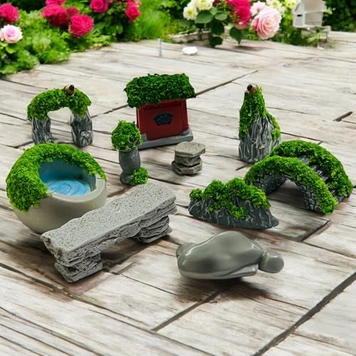 Krisah Miniature Garden Decor Set, 10 Pieces Resin Landscape Elements with Artificial Grass, for Terrarium and Desktop Decoration, Multicolour - Image 4