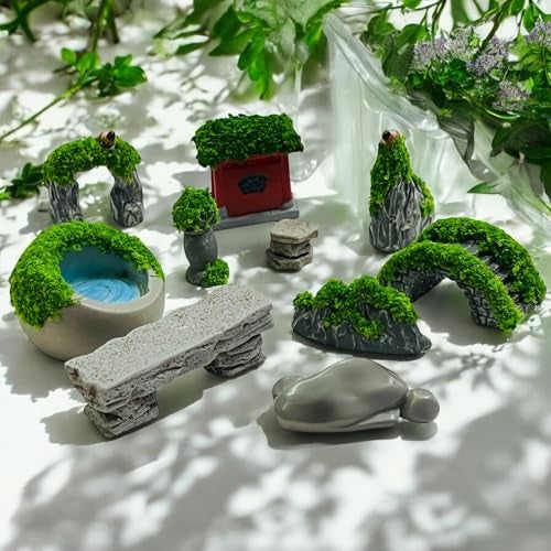 Krisah Miniature Garden Decor Set, 10 Pieces Resin Landscape Elements with Artificial Grass, for Terrarium and Desktop Decoration, Multicolour - Image 2