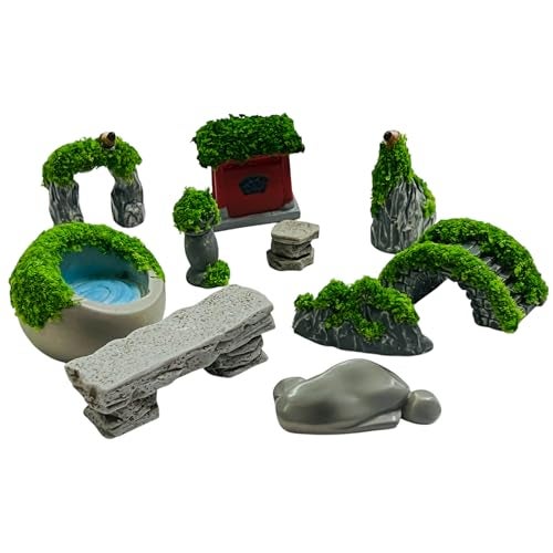 Krisah Miniature Garden Decor Set, 10 Pieces Resin Landscape Elements with Artificial Grass, for Terrarium and Desktop Decoration, Multicolour - Image 1