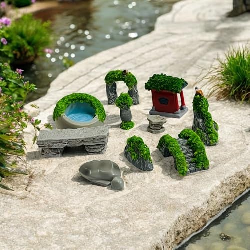 Krisah Miniature Garden Decor Set, 10 Pieces Resin Landscape Elements with Artificial Grass, for Terrarium and Desktop Decoration, Multicolour - Image 5