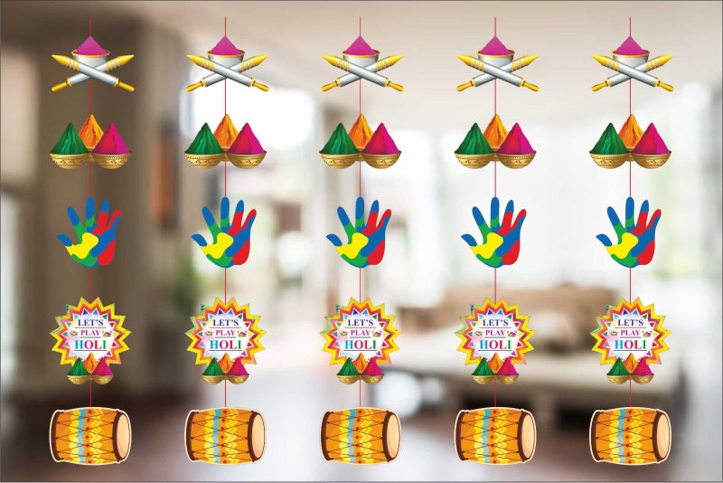 Atpata Funky Atpata Funky Holi Theme Faag Utsav Hanging Decorations - Colorful Pichkari, Dhol, Handprint, Color Gulaal Bowl & Happy Holi Cutouts (7.5inch) for Holi Hai Party Rang Barse Backdrop Event Decor  - Image 4