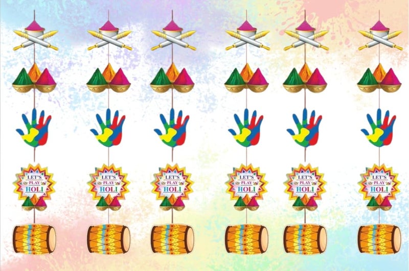 Atpata Funky Atpata Funky Holi Theme Faag Utsav Hanging Decorations - Colorful Pichkari, Dhol, Handprint, Color Gulaal Bowl & Happy Holi Cutouts (7.5inch) for Holi Hai Party Rang Barse Backdrop Event Decor  - Image 1