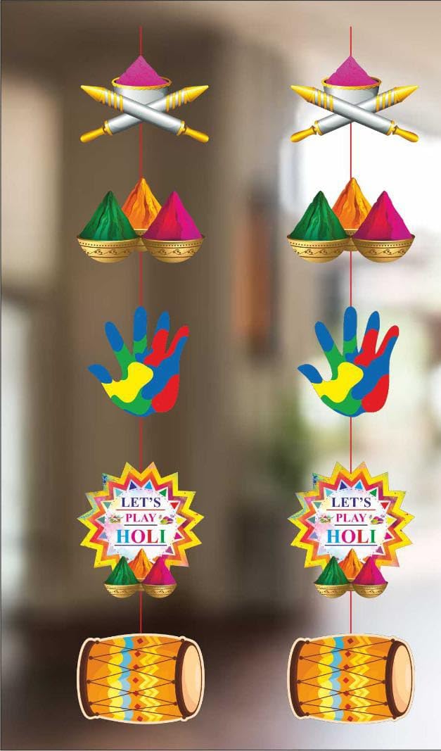 Atpata Funky Atpata Funky Holi Theme Faag Utsav Hanging Decorations - Colorful Pichkari, Dhol, Handprint, Color Gulaal Bowl & Happy Holi Cutouts (7.5inch) for Holi Hai Party Rang Barse Backdrop Event Decor  - Image 2