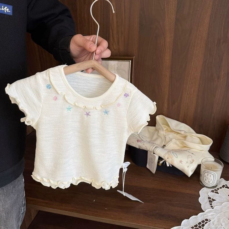 Baby Girls' Short-Sleeve Embroidered Top - Slub Textured Polyester, Summer Lightweight, Heightening Design