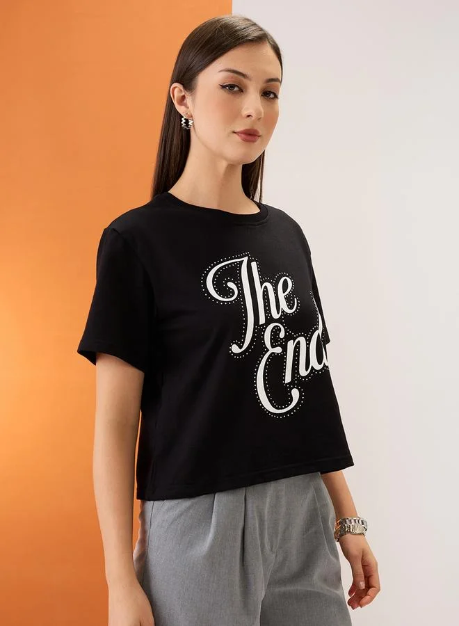 globus Black Slogan Print Embellished Crop T-Shirt