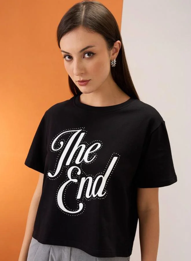 globus Black Slogan Print Embellished Crop T-Shirt