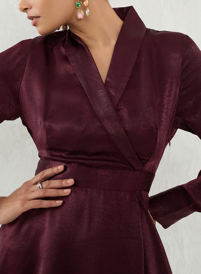 Femmella Wine Satin Wrap Mini Dress - Image 3