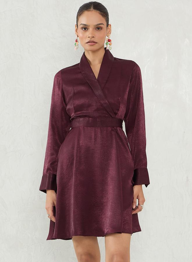 Femmella Wine Satin Wrap Mini Dress - Image 1