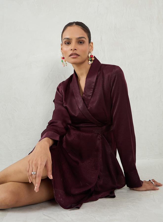 Femmella Wine Satin Wrap Mini Dress - Image 5