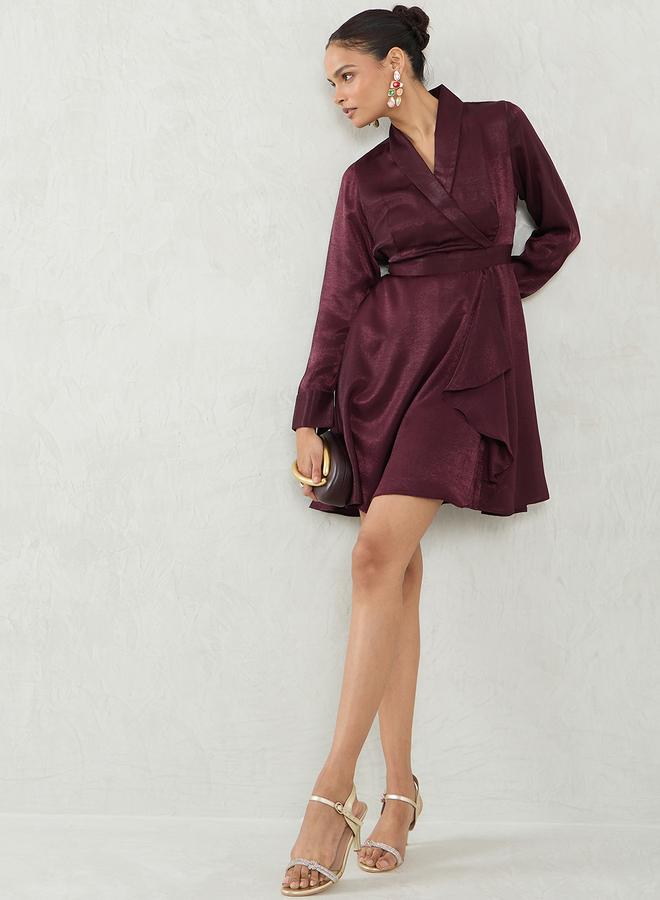 Femmella Wine Satin Wrap Mini Dress - Image 2
