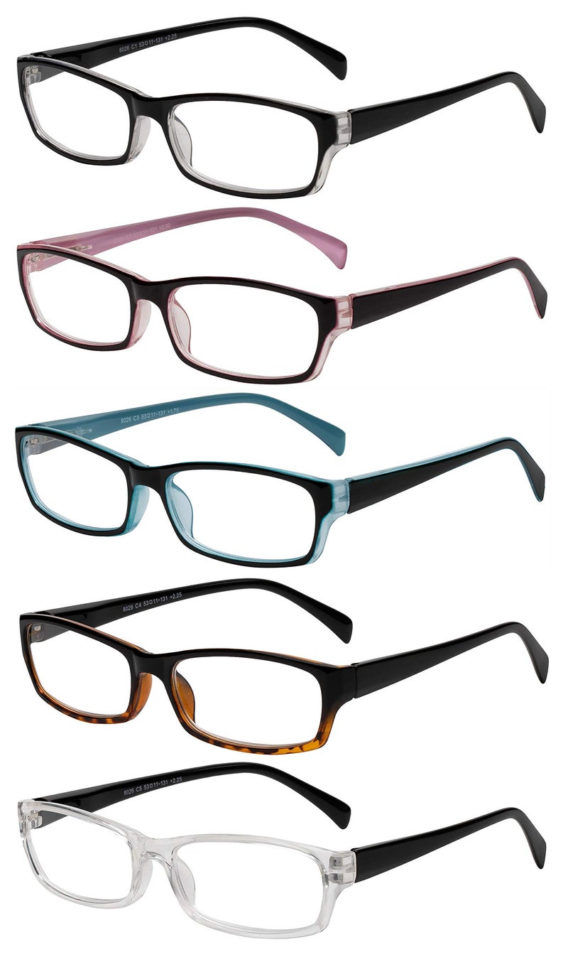 Yogo Vision Reading Glasses 5 Pairs Fashion Ladies Quality Designed Spring Hinge Readers for Women Set of Black Clear Red Pink Blue Light Blue Havana Black Transparent Black 15