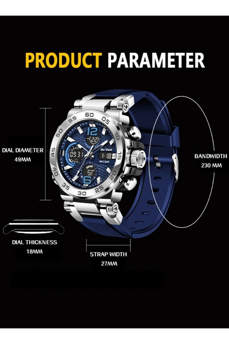 دي فاني ساعة يد رياضية من دي فاني أنالوج بعقارب ورقمية لون شريط الساعة أزرق - Image 2