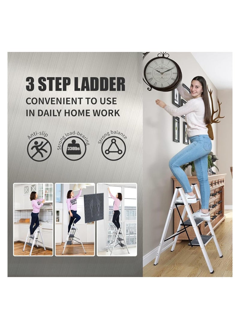 DMG TECH - 3 Step Ladder, Lightweight Folding Step Stools with Anti-Slip Sturdy and Wide Pedal, Thickened & Space-Saving, Portable Multi-Use Stepladder for Home Kitchen Office - Image 1