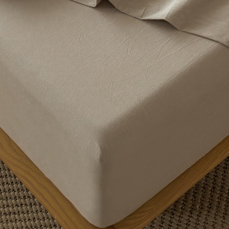 MooMee Fitted Bottom Sheet Only 100% Washed Cotton Linen Like Textured Breathable Durable Soft Comfy Deep Pocket Fits Mattress up to 17" (Mocha Brown, Queen) - Image 1